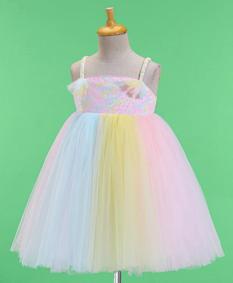 babyhug Babyhug Sleeveless Party Frock With Mesh & Sequine Detailing - Pink Yellow & Blue