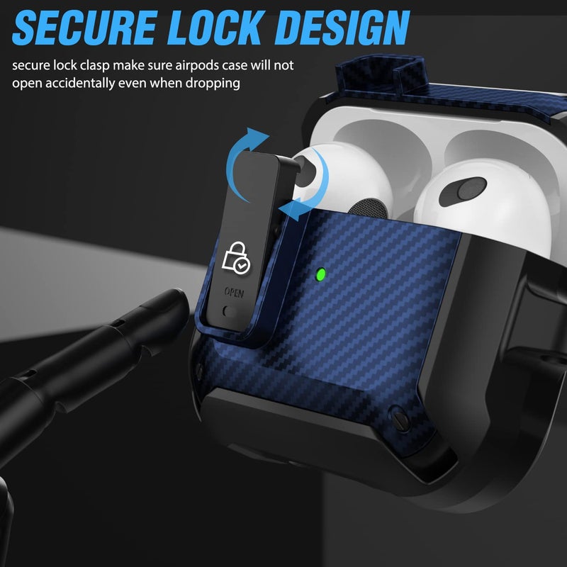 Valkit Compatible Airpods 3rd Generation Case with Lock Clip, Carbon Fiber Hard Shell AirPods 3 Case Cover with Keychain for Men Women Cool Shockproof Protective Case for Air Pods 3rd Gen,Black/Blue