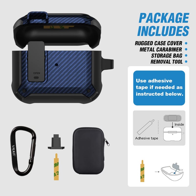 Valkit Compatible Airpods 3rd Generation Case with Lock Clip, Carbon Fiber Hard Shell AirPods 3 Case Cover with Keychain for Men Women Cool Shockproof Protective Case for Air Pods 3rd Gen,Black/Blue