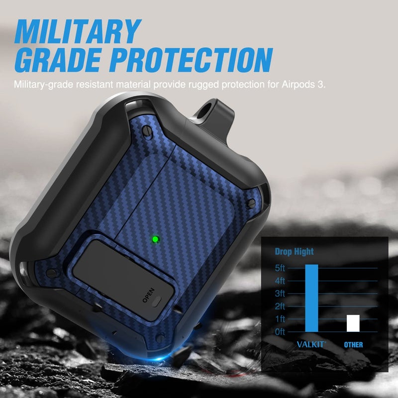 Valkit Compatible Airpods 3rd Generation Case with Lock Clip, Carbon Fiber Hard Shell AirPods 3 Case Cover with Keychain for Men Women Cool Shockproof Protective Case for Air Pods 3rd Gen,Black/Blue