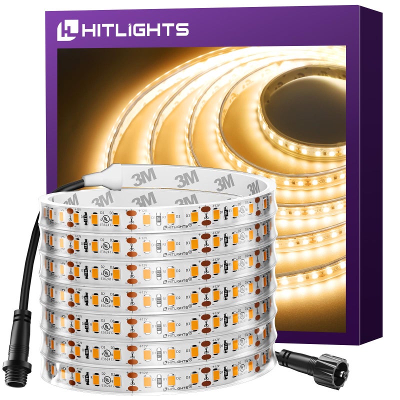 HitLights Outdoor LED Strip Lights Waterproof 3000K, 16.4ft IP67 High Density LED Tape Light, 600 LEDs/Reel, 252~300LM/ft, UL-Listed, 12V Dimmable Rope Lights for Home, Balcony, Roof, Backyard, Patio, Garden - Image 1