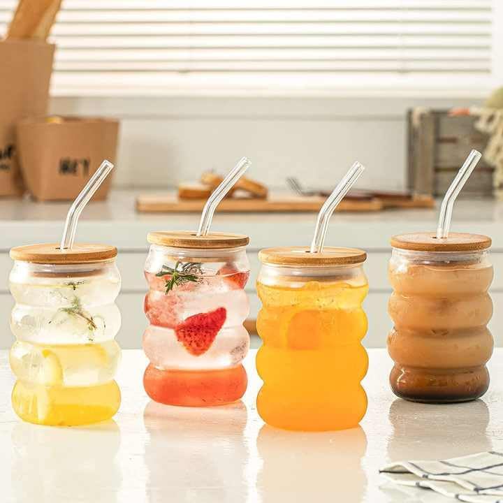 ConvertKitchen Beer Can Shape Drinking Glasses Tumbler with Airtight Wooden Lid and Straw 500ml Set of 3 - Image 2