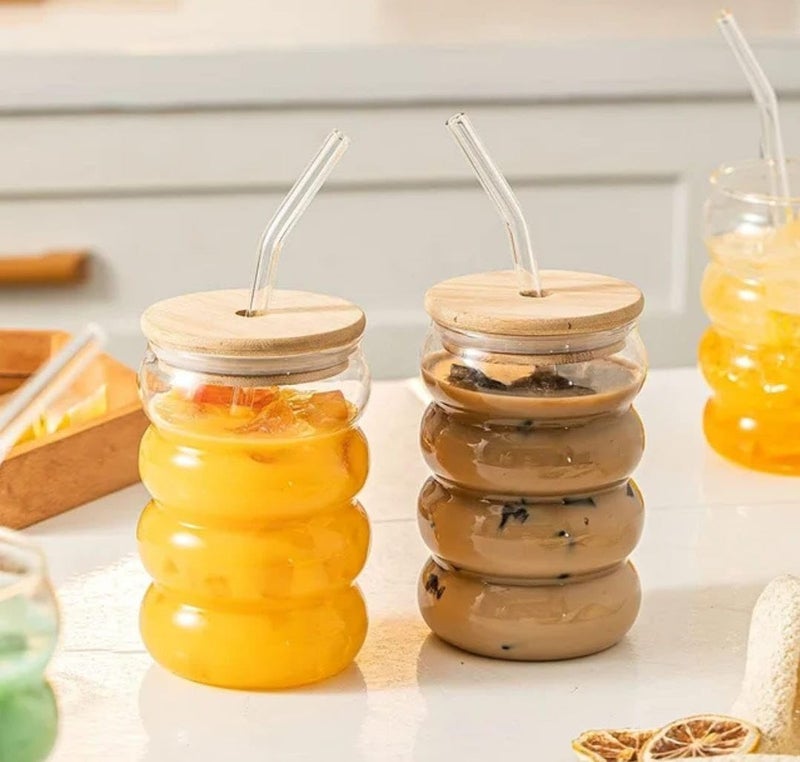 ConvertKitchen Beer Can Shape Drinking Glasses Tumbler with Airtight Wooden Lid and Straw 500ml Set of 3 - Image 4