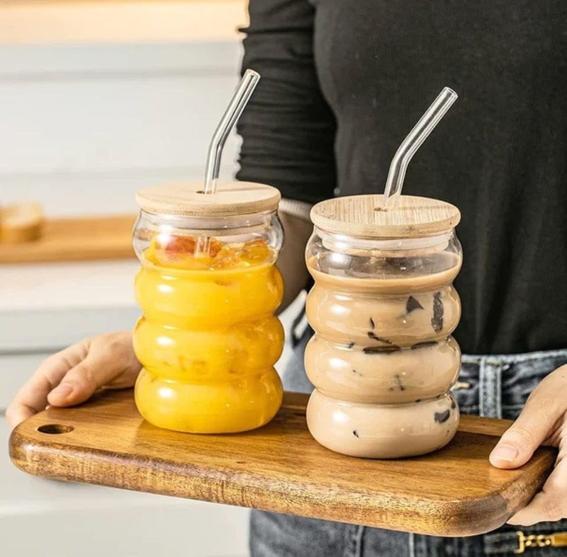 ConvertKitchen Beer Can Shape Drinking Glasses Tumbler with Airtight Wooden Lid and Straw 500ml Set of 3 - Image 3