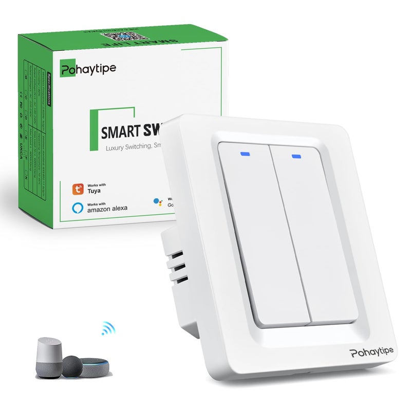 Pohaytipe Smart Push Button Switch, White Smart Panel: Wi-Fi, App & Voice Control (works with Alexa/Google Home), Timer, Countdown, Scene Control (White 2 Gang) - Image 1
