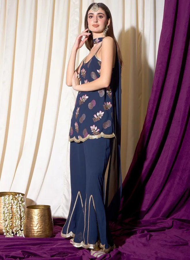 Indo Street Floral Embroidered Kurti with Sharara & Dupatta for Women
