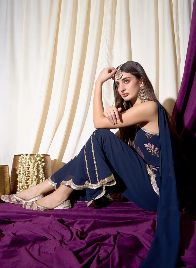 Indo Street Floral Embroidered Kurti with Sharara & Dupatta for Women