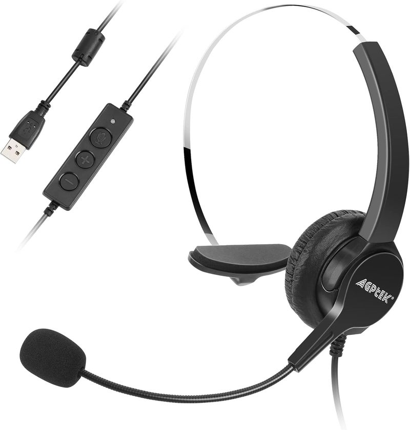 AGPtek ® Hands-Free Call Center Noise Cancelling Corded Monaural Headset USB Headset with Microphone for PC Headphone with Mic Mircrophone - Cord with USB Plug, Volume Control - Image 1