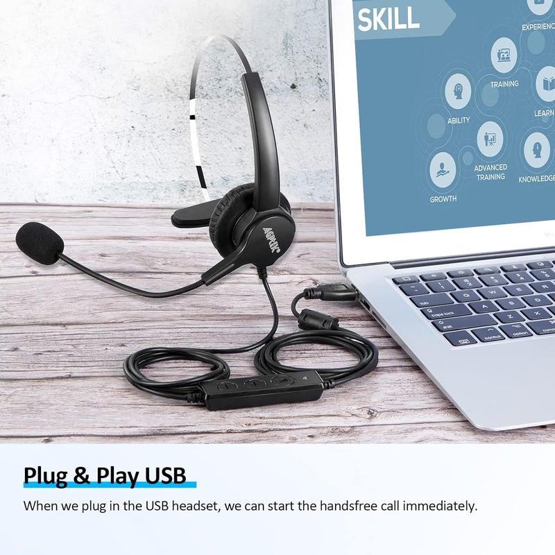 AGPtek ® Hands-Free Call Center Noise Cancelling Corded Monaural Headset USB Headset with Microphone for PC Headphone with Mic Mircrophone - Cord with USB Plug, Volume Control - Image 4