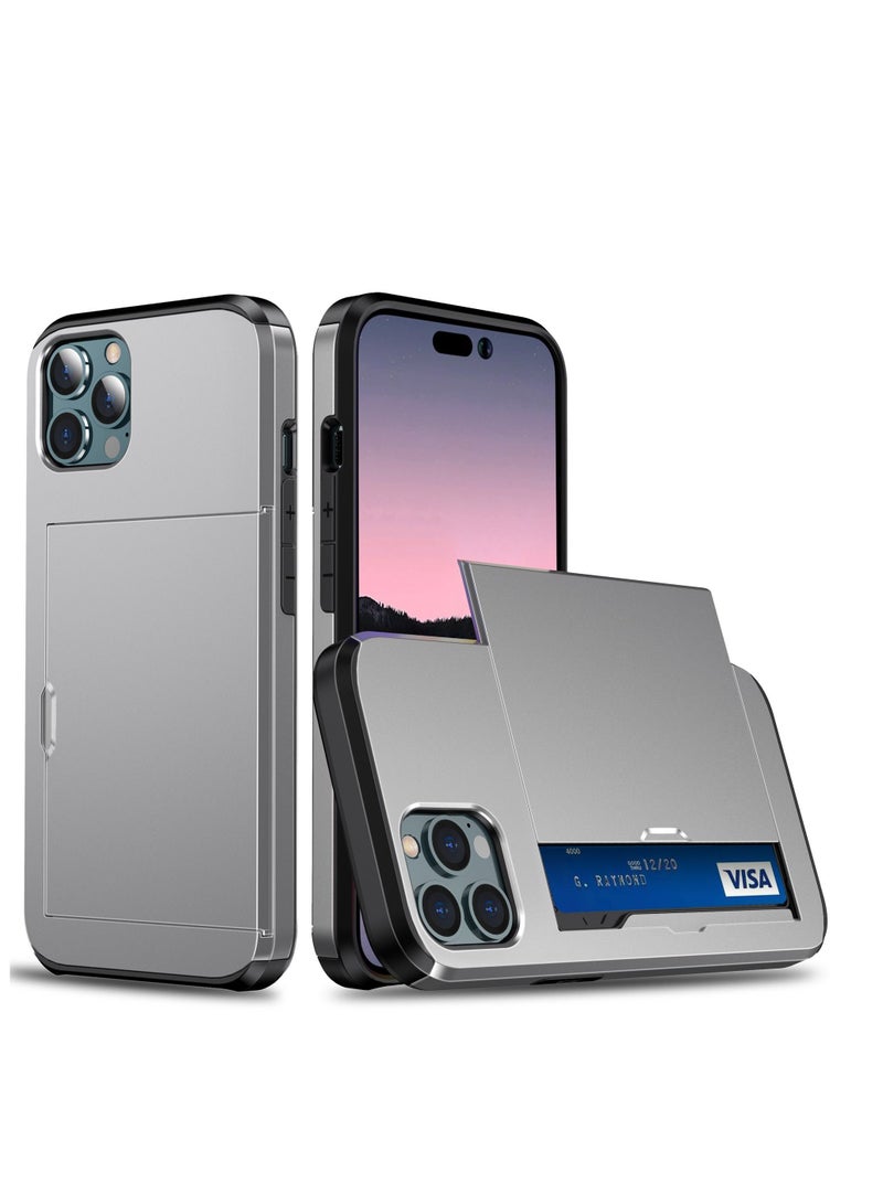 iPhone 14 Pro Max Wallet Case with Credit Card Holders Slots Dual Layer Shockproof Hard PC Soft TPU Slide Flip Protective Case for iPhone 14 Pro Max 6.7 Inch,iphone 14 Pro Max Cover Grey  - Image 1