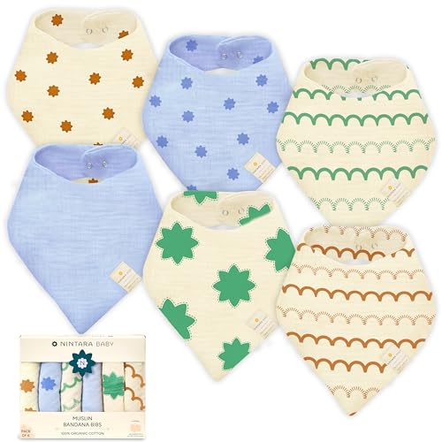NINTARABABY Bandana Bibs – 100% Organic Muslin Cotton, 7-Layer Absorbent for Drooling, Teething & Feeding, Soft & Hypoallergenic, Adjustable Snap Buttons, Reversible, Baby Gift Ages 0–3, Pack of 6 - Image 1