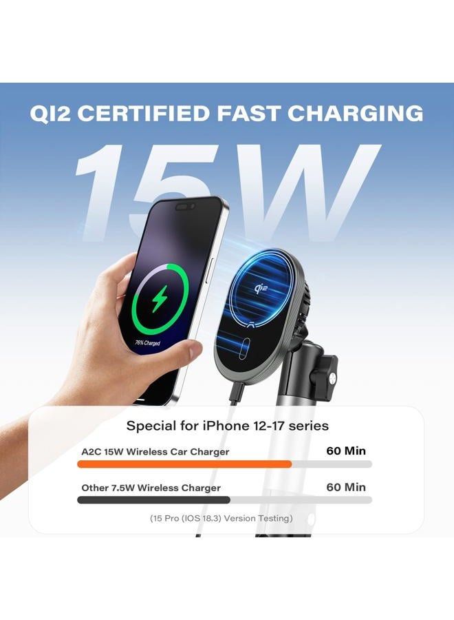 A2C for Magsafe Car Mount Charger, QI2 15W Wireless Fast Charging Cup Holder Phone Charger - Dual Cooling System, Aluminum Alloy Tri-Pivot Arm, 18 N54 Strong Magnets for iPhone 17/16/15/14/13/12 Only - Image 3