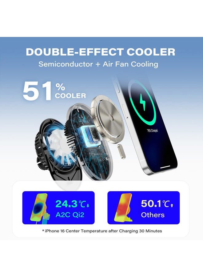 A2C for Magsafe Car Mount Charger, QI2 15W Wireless Fast Charging Cup Holder Phone Charger - Dual Cooling System, Aluminum Alloy Tri-Pivot Arm, 18 N54 Strong Magnets for iPhone 17/16/15/14/13/12 Only - Image 2