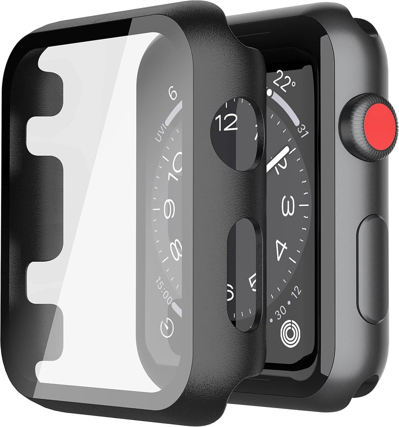 Misxi 2 Pack Hard PC Case with Tempered Glass Screen Protector Compatible with Apple Watch Series 3 Series 2 38mm, Ultra-Thin Scratch Resistant Overall Protective Cover for iWatch S3/S2, Black - Image 1