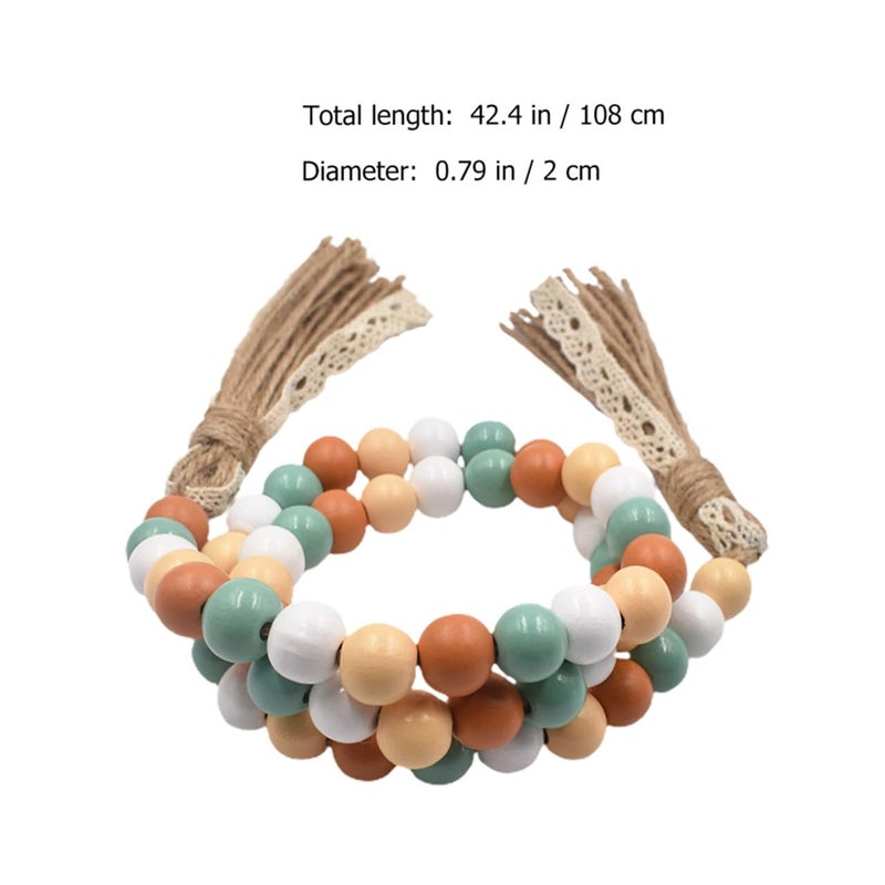 TOPPERFUN Wood Beads Garland with Tassels, 42.4in Farmhouse Rustic Style Colorful Wood Beads String, Large Antique Wooden Prayer, Boho Home Festival Decor Garland Rosary Rope - Image 2