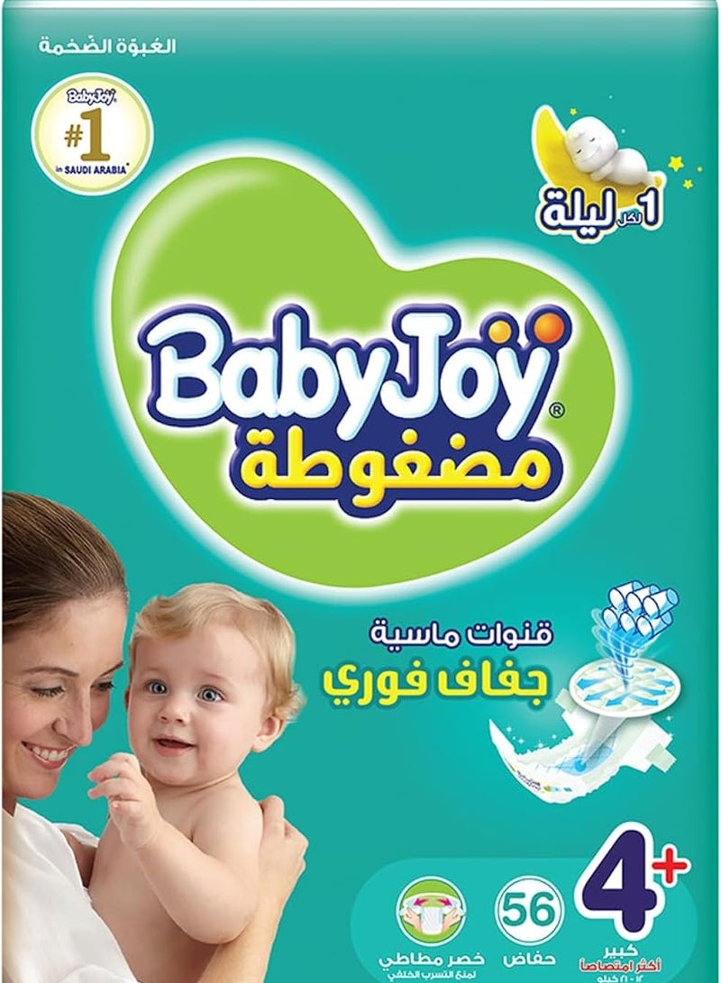 BabyJoy Compressed Tape Diaper, Mega Pack Large+ Size 4+, Count 56, 12 - 21 Kg