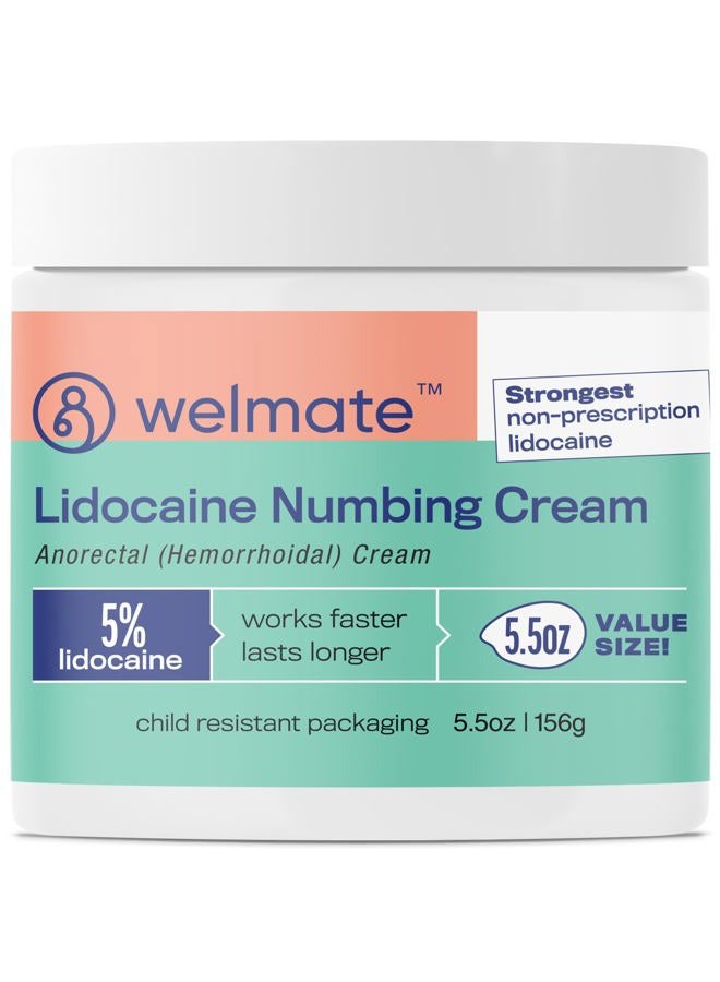 WELMATE 5% Lidocaine | Numbing Cream Maximum Strength | Topical Anesthetic | Aches, Back Pain, Itching, Soreness, Burning, Tattoos, & Bruises | Unscented | Vegan | Child Resistant Packaging | 5.5 Oz - Image 1