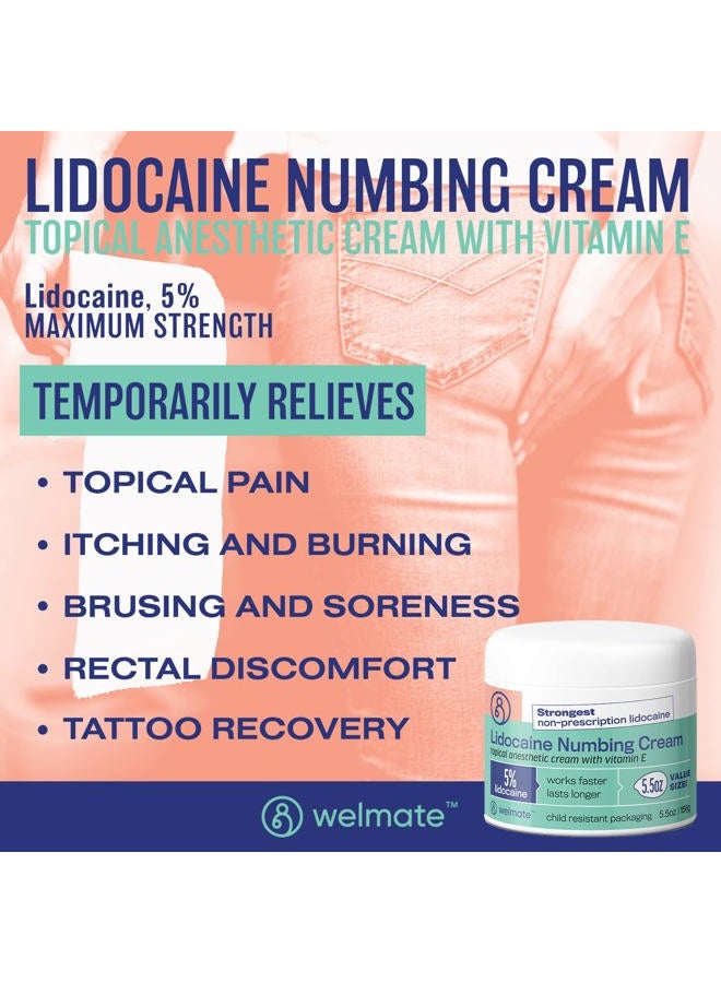 WELMATE 5% Lidocaine | Numbing Cream Maximum Strength | Topical Anesthetic | Aches, Back Pain, Itching, Soreness, Burning, Tattoos, & Bruises | Unscented | Vegan | Child Resistant Packaging | 5.5 Oz - Image 2