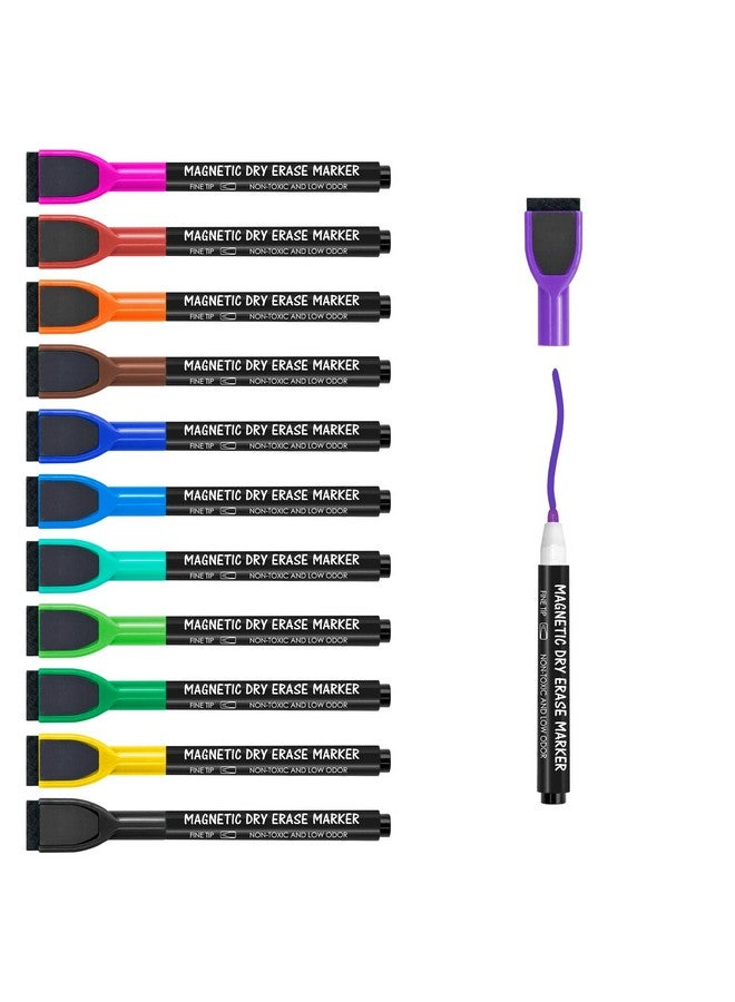 maxtek Magnetic Whiteboard Markers - 12 Count Colorful Fine Tip Dry Erase Markers With Eraser For Kids, Low Odor Thin Markers For Calendar Boards - Image 1