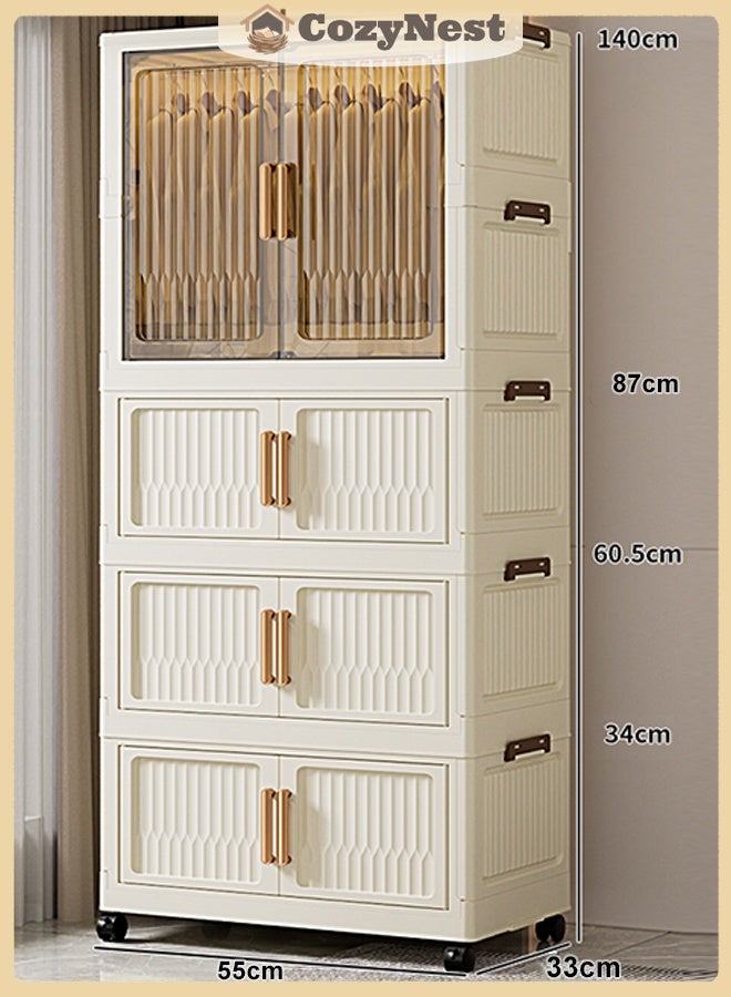 CozyNest 55cm Wide Portable Wardrobe Storage Cabinet with Hanging Rod, Foldable & Stackable Clothes Organizer with Wheels, Reinforced Dustproof Garment Rack for Bedroom, Dorm, Living Room & Office - Image 1
