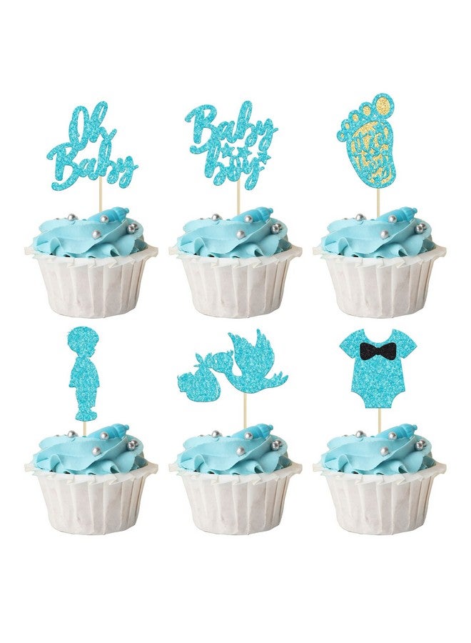 Ephlyn 24Pcs Boy Blue Cake Toppers, It'S A Boy Cupcake Toppers With Swan Onesie Footprint, Baby Shower Theme Party Supplies, Decorations For Kids Boys Birthday Party Cake - Image 1