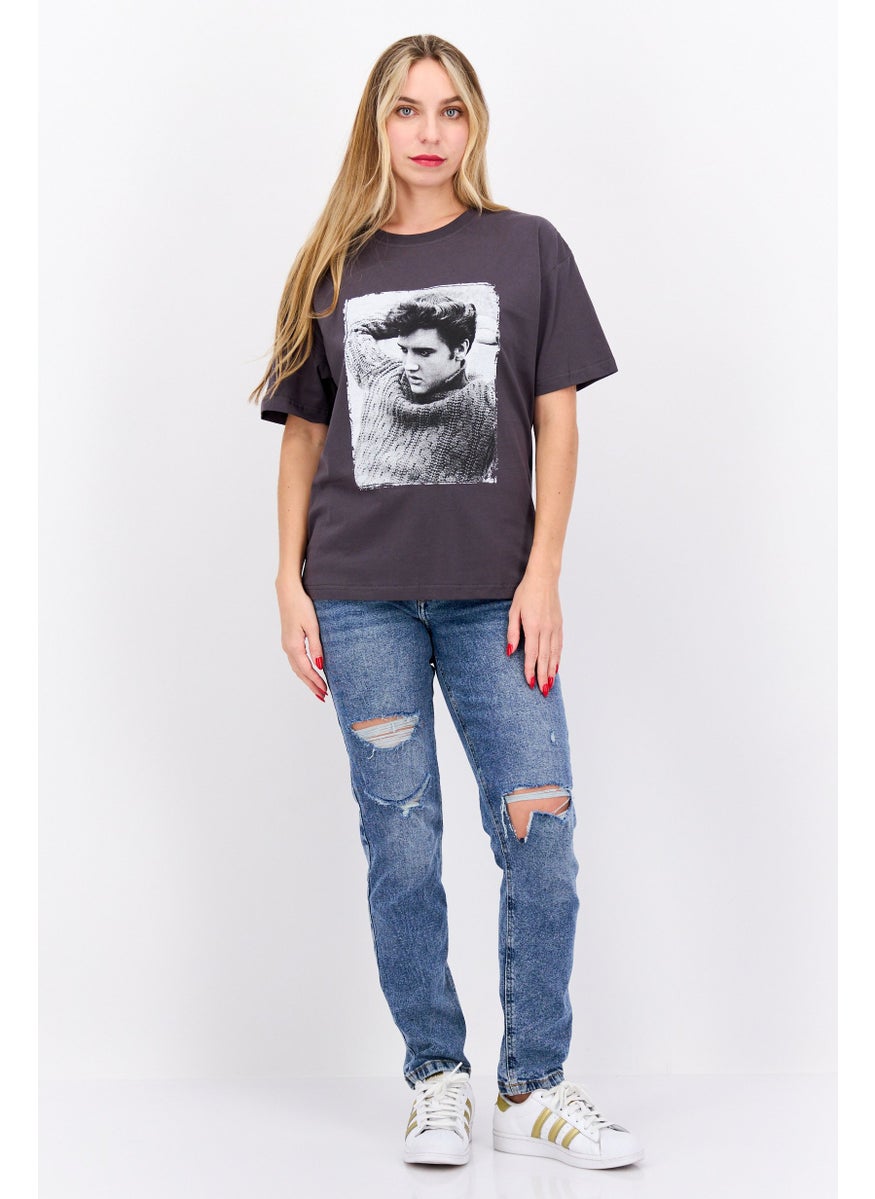 Elvis Presley - Women Crew Neck Short Sleeves Graphic Printed T-Shirt, Charcoal - Image 1