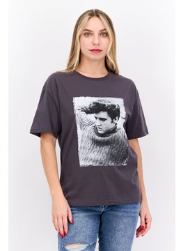 Women Crew Neck Short Sleeves Graphic Printed T-Shirt, Charcoal