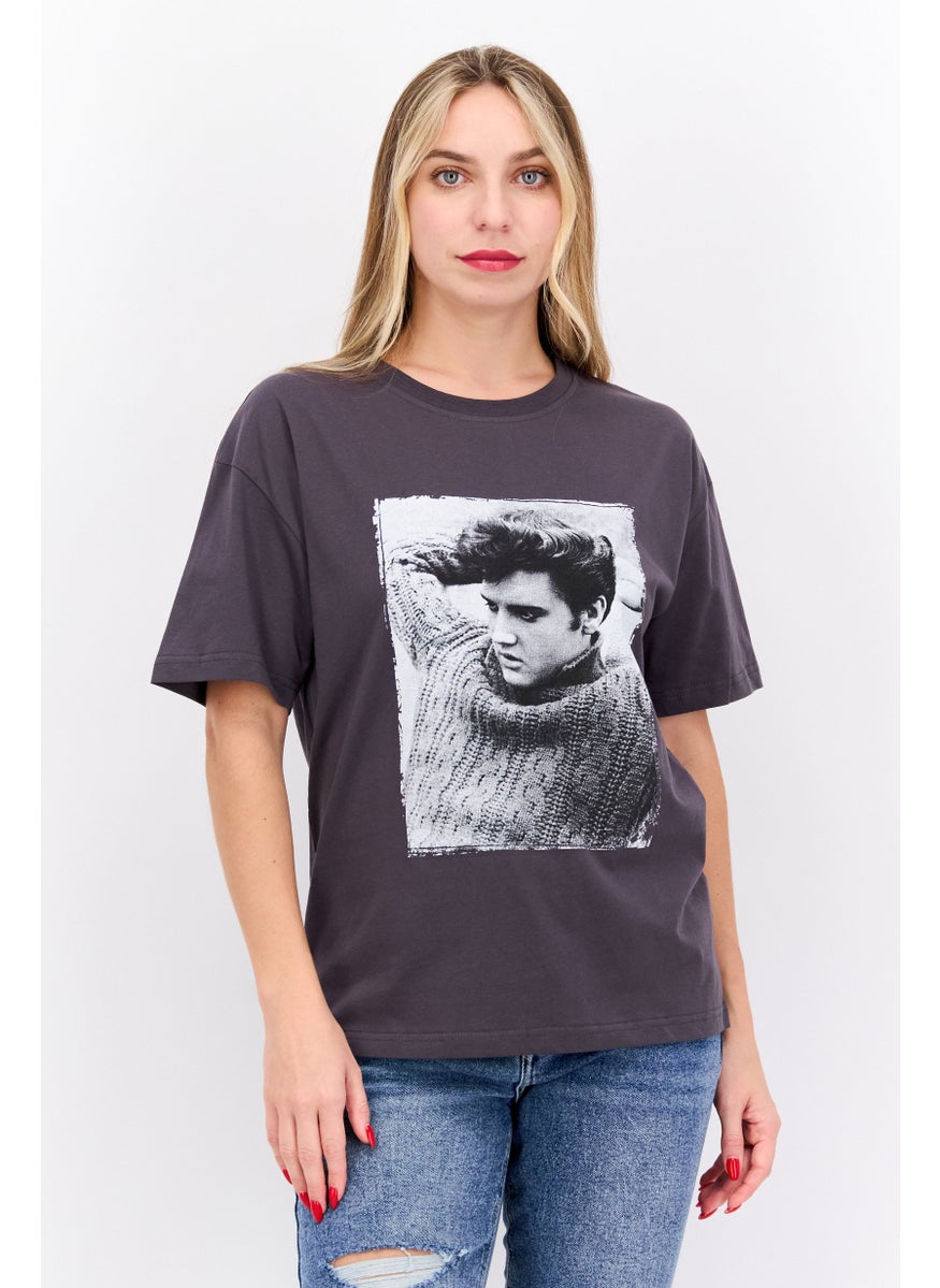 Elvis Presley - Women Crew Neck Short Sleeves Graphic Printed T-Shirt, Charcoal - Image 1