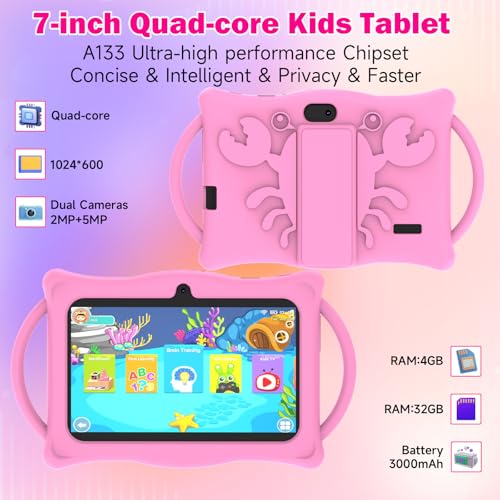 Aheadlink Android Kids Tablet 7 inch Tablets for Kids, 4GB RAM 32GB ROM Quad Core Toddler Tablet with Shockproof Case, Parental Control, WiFi, Bluetooth, 3000mAh Battery, Dual Camera, Educational, Game, Pink - Image 3