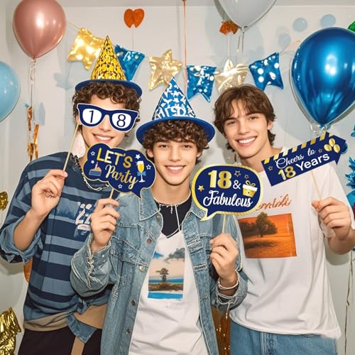 Helewilk 18th Birthday Photo Booth Props - 34Pcs Blue & Gold Party Supplies for Boys Men - 18th Birthday Party Table Centerpiece Decorations Cheers to 18 Years Old Toppers Photo Booth - Image 5