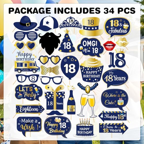 Helewilk 18th Birthday Photo Booth Props - 34Pcs Blue & Gold Party Supplies for Boys Men - 18th Birthday Party Table Centerpiece Decorations Cheers to 18 Years Old Toppers Photo Booth - Image 2