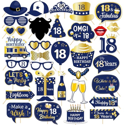 Helewilk 18th Birthday Photo Booth Props - 34Pcs Blue & Gold Party Supplies for Boys Men - 18th Birthday Party Table Centerpiece Decorations Cheers to 18 Years Old Toppers Photo Booth - Image 1