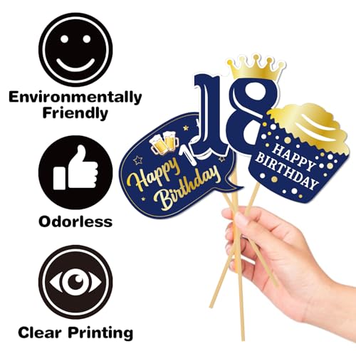 Helewilk 18th Birthday Photo Booth Props - 34Pcs Blue & Gold Party Supplies for Boys Men - 18th Birthday Party Table Centerpiece Decorations Cheers to 18 Years Old Toppers Photo Booth - Image 4