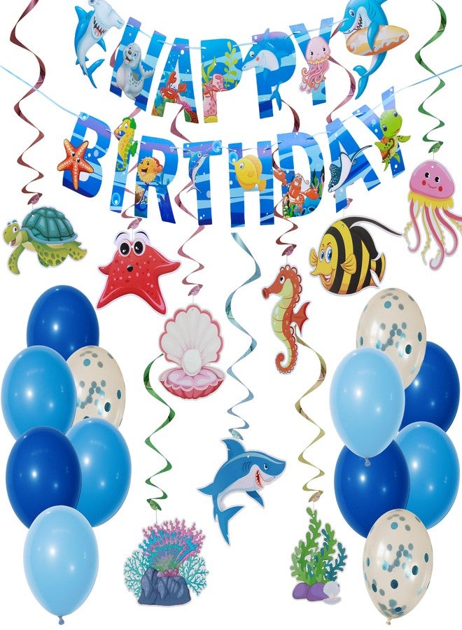 J6&H6 Under the sea Birthday Party Decorations,Include Hanging Banner Hanging Swirl Balloons and Cake covers Party Supplies,Under the sea Themed Party Decorations - Image 1