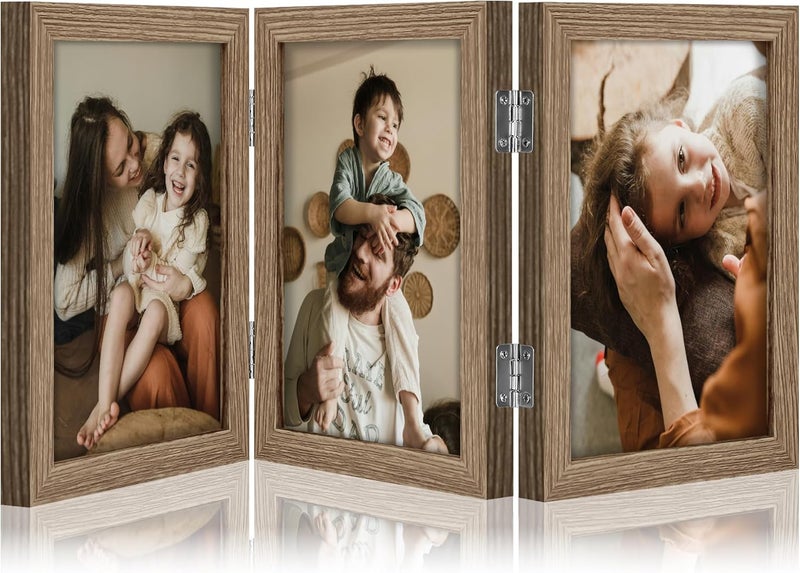 decorUhome Triple 5x7 Picture Frame Vertical, Engineered Wood Trifold Photo Frame with Plexiglass for Tabletop Display, 5x7, Oak - Image 1