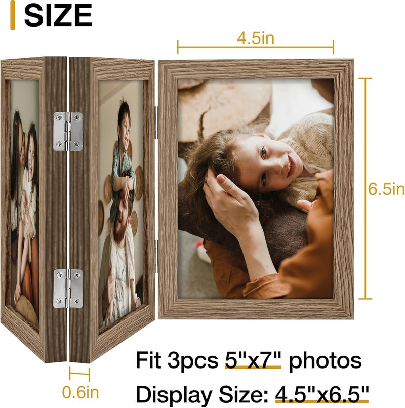 decorUhome Triple 5x7 Picture Frame Vertical, Engineered Wood Trifold Photo Frame with Plexiglass for Tabletop Display, 5x7, Oak - Image 4