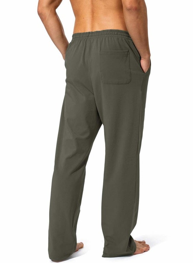 Pudolla Men's Cotton Yoga Sweatpants Athletic Lounge Pants Open Bottom Casual Jersey Pants for Men with Pockets, Olive, L - Image 3