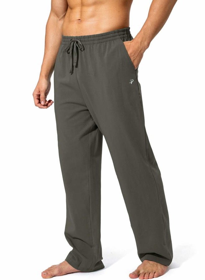 Pudolla Men's Cotton Yoga Sweatpants Athletic Lounge Pants Open Bottom Casual Jersey Pants for Men with Pockets, Olive, L - Image 1