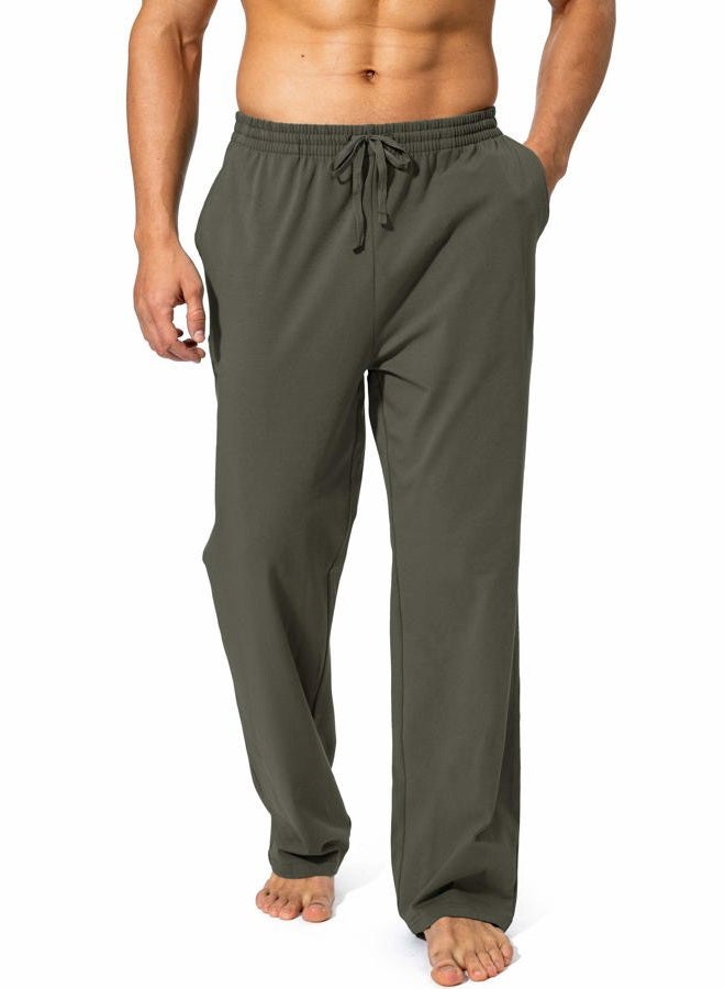 Pudolla Men's Cotton Yoga Sweatpants Athletic Lounge Pants Open Bottom Casual Jersey Pants for Men with Pockets, Olive, L - Image 2