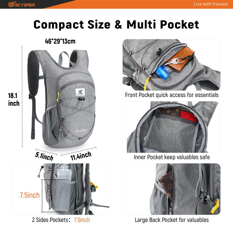 SKYSPER 20L Foldable Hiking Backpack Lightweight Packable Travel Daypack with Chest Strap Small Outdoor Folding Back Pack Collapsible Bag for Women Men (Grey) - Image 3