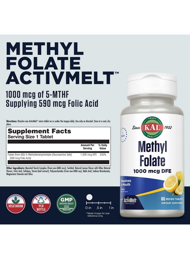 KAL Methyl Folate 1000 mcg, 5-MTHF Active Form, Folic Acid Supplement, Heart Health, Prenatal, Mood and Brain Support, Vegetarian, Natural Lemon ActivMelt, 60-Day Guarantee, 60 Serv, 60 Micro Tablets - Image 2