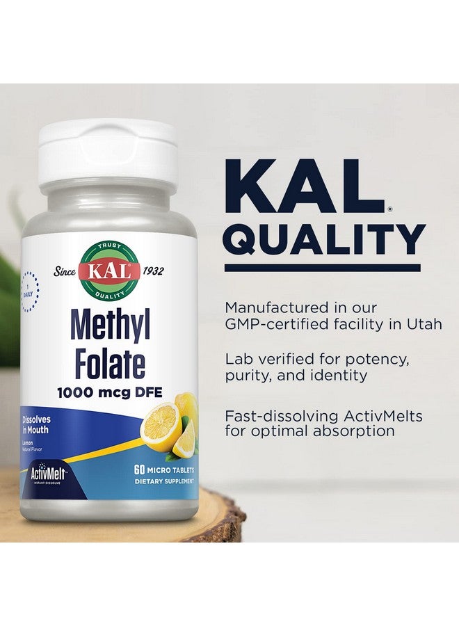 KAL Methyl Folate 1000 mcg, 5-MTHF Active Form, Folic Acid Supplement, Heart Health, Prenatal, Mood and Brain Support, Vegetarian, Natural Lemon ActivMelt, 60-Day Guarantee, 60 Serv, 60 Micro Tablets - Image 4