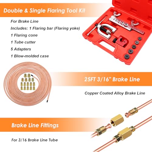 Eoppen 25 ft 3/16inch Copper Coated Brake Line Kit(Includes 24 Fittings and 4 Unions) with Double & Single Flaring Tool Kit - Image 2