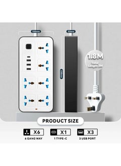 Generic 2 meters Universal Extension Cord with 6 Power Socket and 3 USB + 1 PD Slots 6 Way Power Strip with USB type C PD Charging slot Extension Lead 2 meter(6S+3U+1PD 2M)  - Image 2