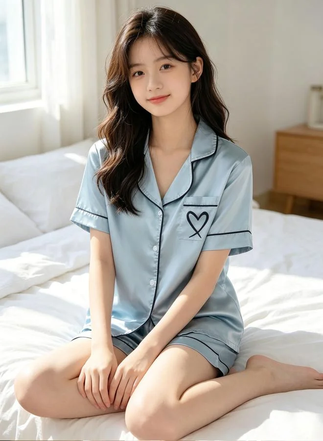 Take Two Satin Short-Sleeve Pajama Set With Heart Pocket