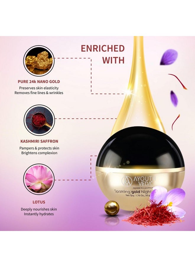 AYOUTHVEDA Sparkling 24K Nano Elemental Gold Night Cream| Enriched With 24K Gold & Kashmiri Saffron|Reduces Fine Lines, Nourishes Skin, Improves Skin Firmness| (Luxury Packaging Pack Of 1-50G)  - Image 3