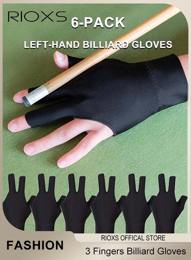 RIOXS 6 Pcs Highly Elastic 3 Fingers Billiard Gloves for Men and Women Non-slip Pool Glove Snooker Cue Sport Wear on the Left Hand - Image 1