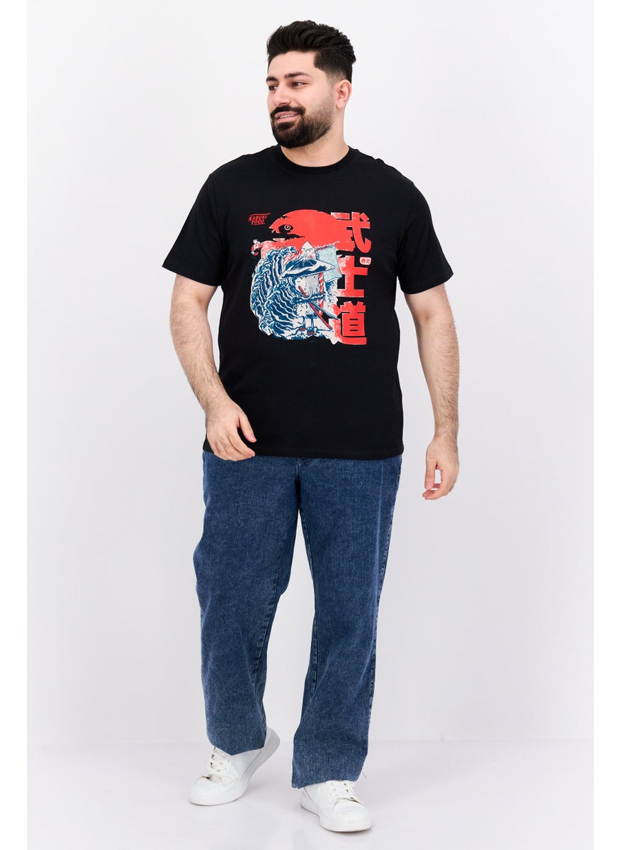 YOTO - Men Crew Neck Short Sleeve Brand Logo T-Shirt, Black - Image 1