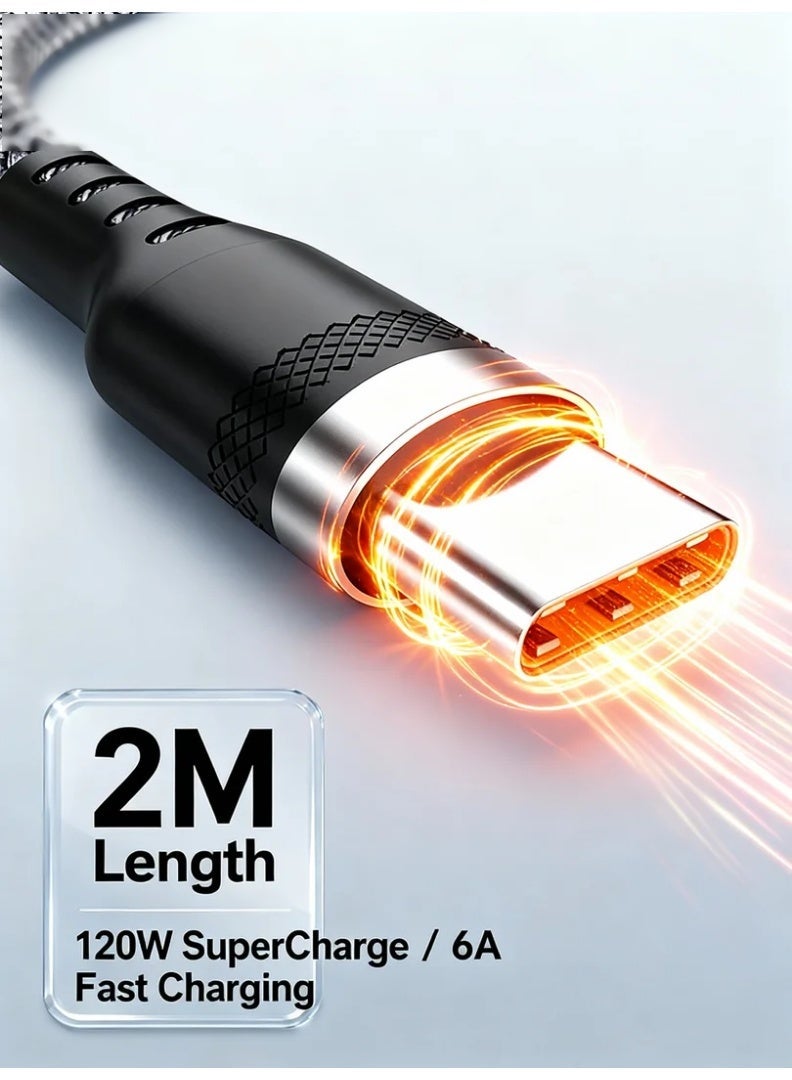 robotgcc USB-C Fast Charging Cable 120W SuperCharge 6A High-Speed Charger Cord | 2m Long Braided Type-C Charging Cable with Reinforced Anti-Bending Connector | Durable Nylon Woven, Tangle-Free, Stable PD/QC Fast-Charging & High-Speed Data Transfer for All USB-C Phones, Tablets, Power Banks and Charging Devices - Image 3