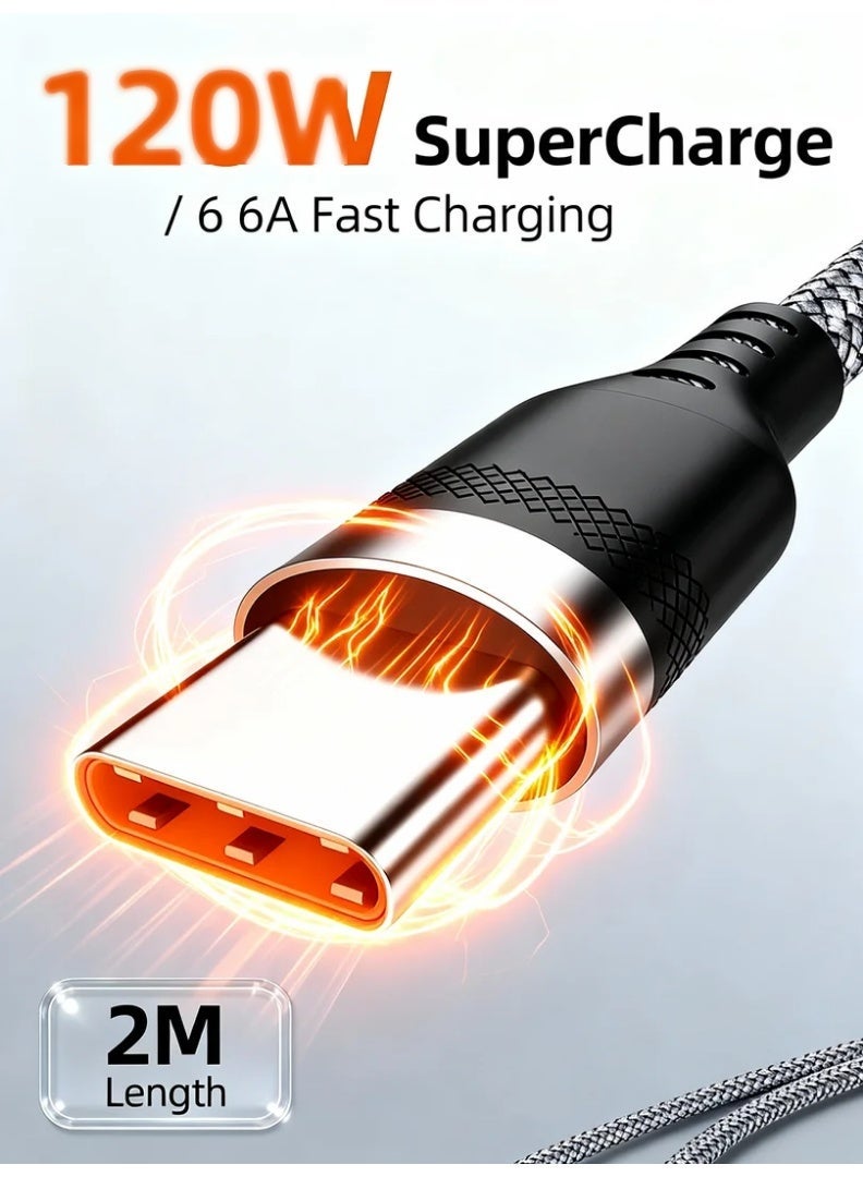 robotgcc USB-C Fast Charging Cable 120W SuperCharge 6A High-Speed Charger Cord | 2m Long Braided Type-C Charging Cable with Reinforced Anti-Bending Connector | Durable Nylon Woven, Tangle-Free, Stable PD/QC Fast-Charging & High-Speed Data Transfer for All USB-C Phones, Tablets, Power Banks and Charging Devices - Image 2